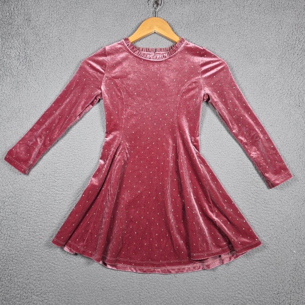 M&S Mark & Spencer Long Sleeve A-line Pink Glittery Velvet Dress 7-8 Long Sleeve